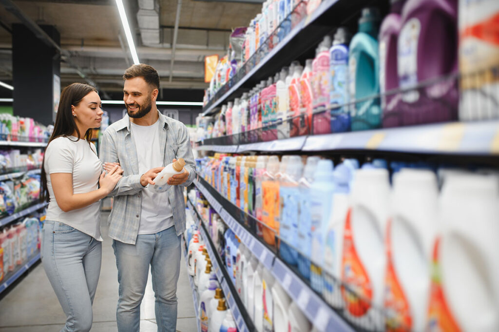 Couple choosing detergent